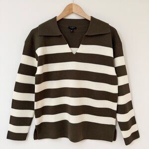 Talbots Milano Stitch Olive & White Wool Blend Striped Johnny Collar Sweater, MP